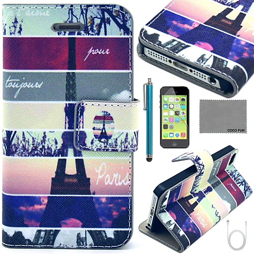 COCO FUN Eiffel Tower Map Pattern PU Leather Full Body Case with Film and USB Cable and Stylus for iPhone 5C