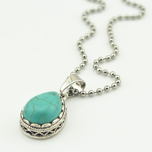 Toonykelly Vintage Look Antique Silver Small Water Drop Turquoise Stone Necklace(1 Pc)