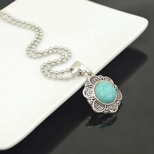 Toonykelly Vintage Look Antique Silver Plated Flower Turquoise Stone Necklace(1 Pc)