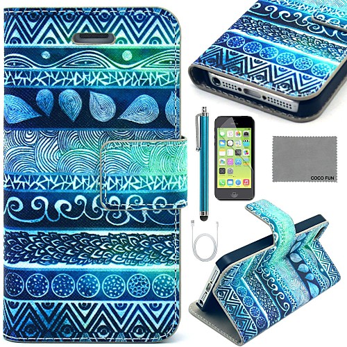 COCO FUN Circle Tribal Pattern PU Leather Full Body Case with Film and USB Cable and Stylus for iPhone 5C