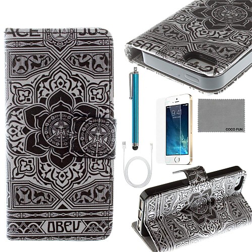 COCO FUN Grey Stars Pattern PU Leather Case with Screen Protector and USB Cable and Stylus for iPhone 5/5S