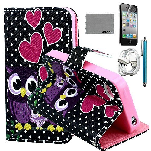 COCO FUN Dots Owl Family Pattern PU Leather Case with Screen Protector and USB Cable and Stylus for iPhone 4/4S