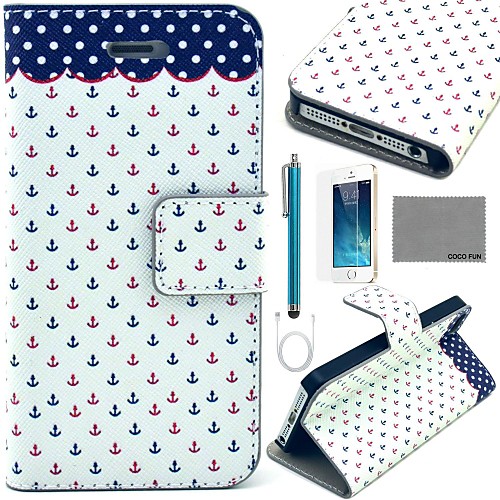 COCO FUN Dots Anchor Pattern PU Leather Case with Screen Protector and USB Cable and Stylus for iPhone 5/5S