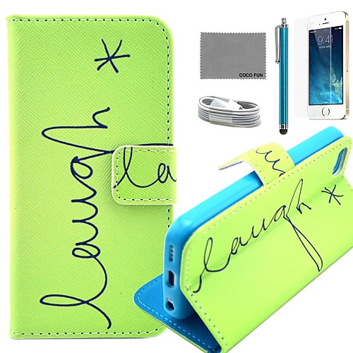 COCO FUN Green English Pattern PU Leather Case with Screen Protector and USB Cable and Stylus for iPhone 5/5S