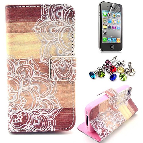 Mandala Flower Wood Pattern PU Leather Case with Screen Protector and Dust Plug for iPhone 4/4S