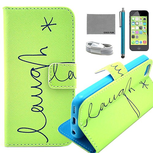 COCO FUN Green English Pattern PU Leather Full Body Case with Film and USB Cable and Stylus for iPhone 5C