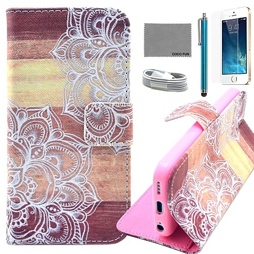 COCO FUN Wooden Flower Pattern PU Leather Case with Screen Protector and USB Cable and Stylus for iPhone 5/5S