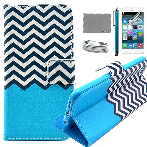 COCO FUN Black White Wave Pattern PU Leather Case with Screen Protector and USB Cable and Stylus for iPhone 6