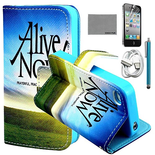 COCO FUN Sunrise Grass Pattern PU Leather Case with Screen Protector and USB Cable and Stylus for iPhone 4/4S