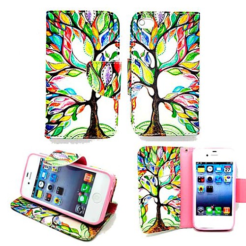 KARZEA™Life Tree PU Leather TPU Back Painting Card Holder Wallet Case with Oval Buckle for iPhone 4/4S