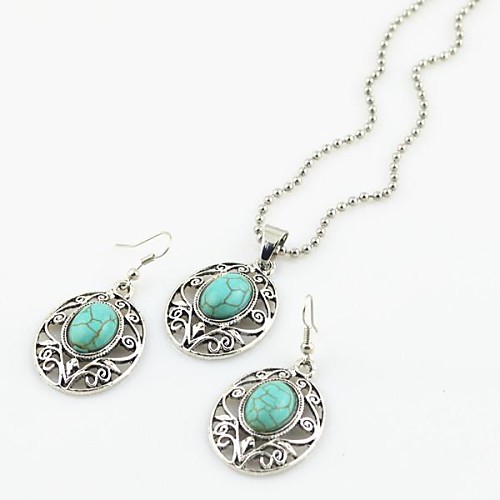 Toonykelly Vintage Antique Silver Oval Turquoise Stone(Earring and Necklace) Jewelry Set