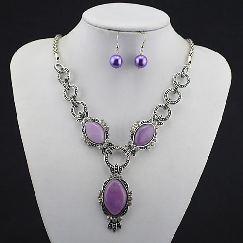 Toonykelly Vintage Antique Silver Purple Amethyst with Crystal(Earring and Necklace) Jewelry Set