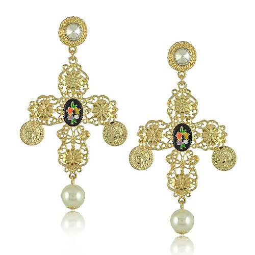 Vintage Luxurious Carving Cross Drop Earrings (1 pair)