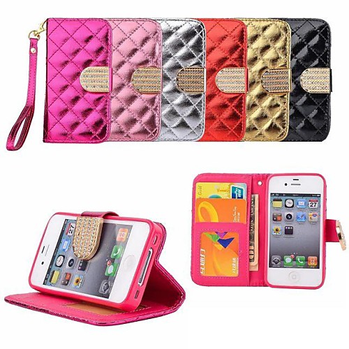 Luxury Grid Pattern PU Leather Full Body Case with Bling Diamond Buckle And Card Slots for iPhone 4/4S (Assorted Colors)