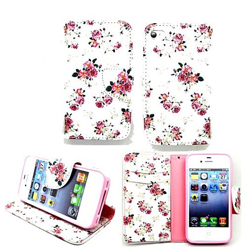 KARZEA™Beautiful Floral PU Leather TPU Back Painting Card Holder Wallet Case with Oval Buckle for iPhone 4/4S