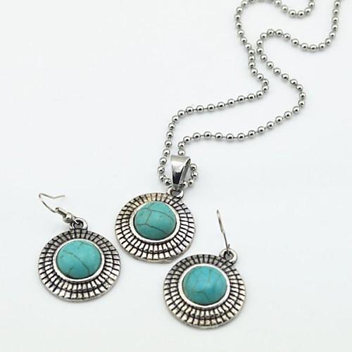 Toonykelly Vintage Antique Silver Round Turquoise Volcano(Earring and Necklace) Jewelry Set