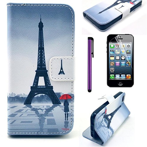 Eiffel Tower and Girl Pattern PU Leather Case with Screen Protector and Stylus for iPhone 5/5S