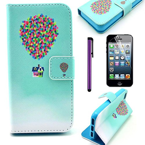 Colorful Flying Balloon and House Pattern PU Leather Case with Screen Protector and Stylus for iPhone 5/5S