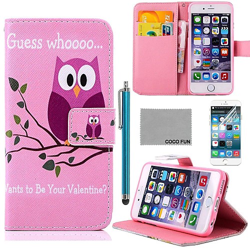 COCO FUN Pink Purple Owl Pattern PU Leather Case with Screen Protector and Stylus for iPhone 4/4S