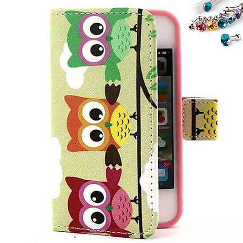 Three Little Owl Pattern PU Leather Full Body Case with Card Slot and Stand for iPhone 4/4S