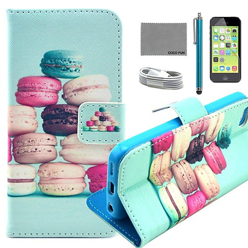 COCO FUN Colorful Macarons Pattern PU Leather Full Body Case with Film and USB Cable and Stylus for iPhone 5C