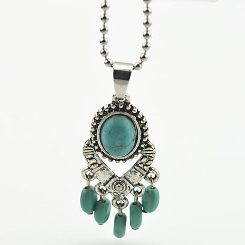 Toonykelly Vintage Look Antique Silver Plated Oval Turquoise Stone Necklace(1 Pc)