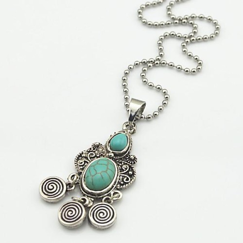 Toonykelly Vintage Look Antique Silver Water Drop Turquoise Stone Necklace(1 Pc)