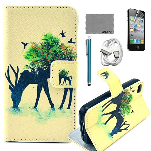 COCO FUN Forest Giraffe Pattern PU Leather Case with Screen Protector and USB Cable and Stylus for iPhone 4/4S