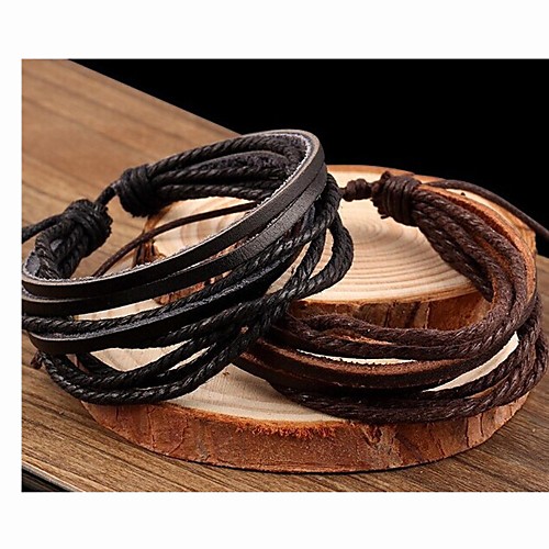 Fashion Leather Brown&Black Men's Wrap Bracelet(2 Pc)