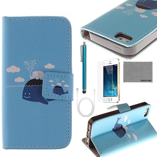 COCO FUN Whale & Elephants Pattern PU Leather Case with Screen Protector and USB Cable and Stylus for iPhone 5/5S