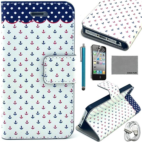 COCO FUN Dots Anchor Pattern PU Leather Case with Screen Protector and USB Cable and Stylus for iPhone 4/4S