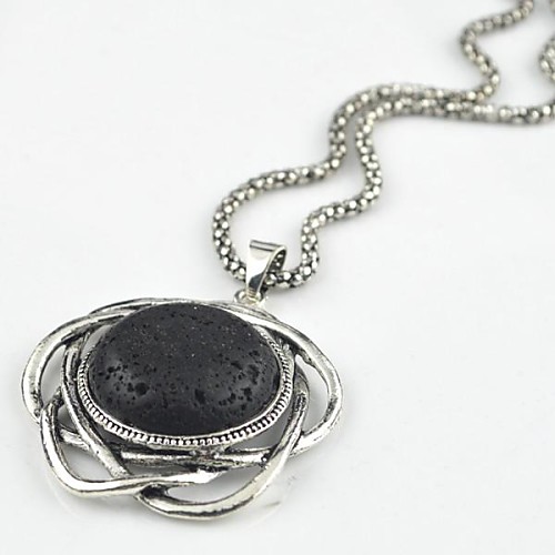 Toonykelly Vintage Look Antique Silver Black Lava Rock Volcano Flower Stone Necklace(1 Pc)