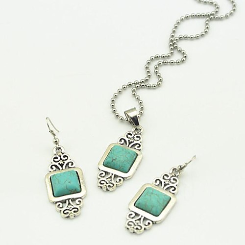 Toonykelly Vintage Antique Silver Oblong Natural Turquoise(Earring and Necklace) Jewelry Set