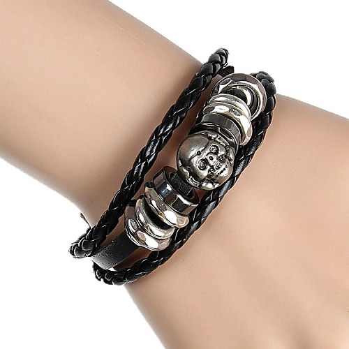 European And American Punk Skull Split Leather Bracelet Hand-woven 3 (2 Colors)