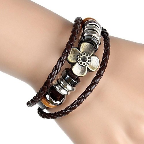 European And American Vintage Four Leaf Grass Lucky Hand-Woven Leather Bracelet Three Layers (Two Colors)