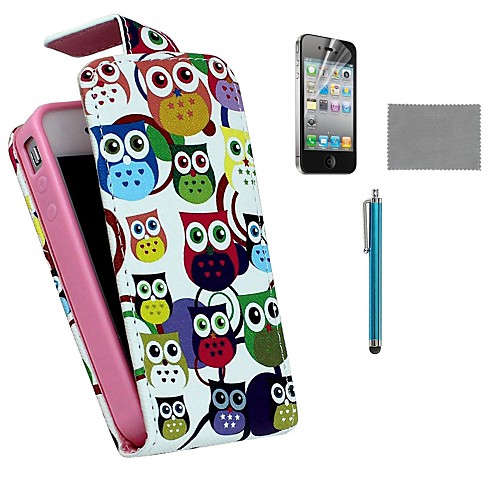 ehappy clorful совы шаблон PU кожаный чехол с защитой экрана и стилуса для iPhone 4 / 4s