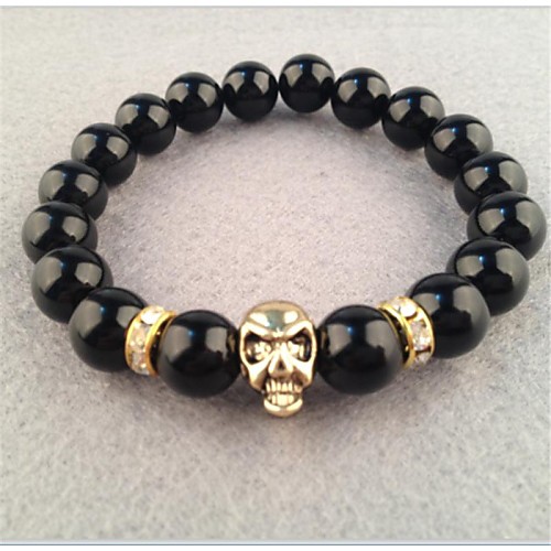 2015 New Trendy Fashion Punk Black Agate GOLD Silver SKULL BEADS Charm Bracelet Unisex