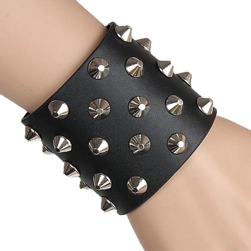 European And American Punk Exaggerated Wide Leather Wristband Rivet Leather Bracelet (Black)