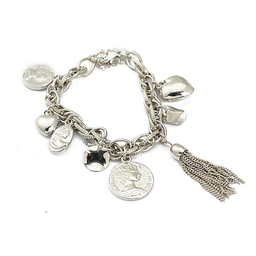 Antique Silver Plated Pulseiras Feminias Women/Men Statement Coin Love Heart Pendants Tassel Bracelet Bangle