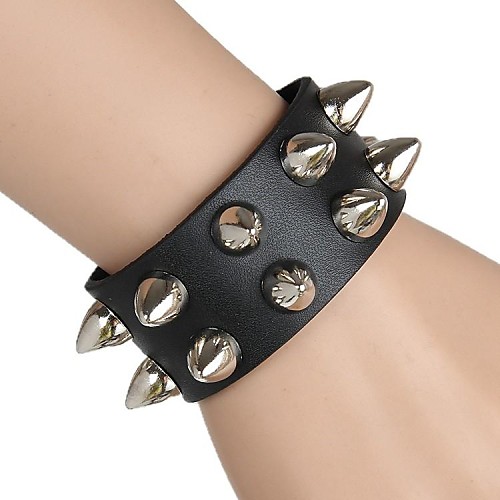 European And American Punk Spike 2 Rows Of Rivets Leather Bracelet (Black)