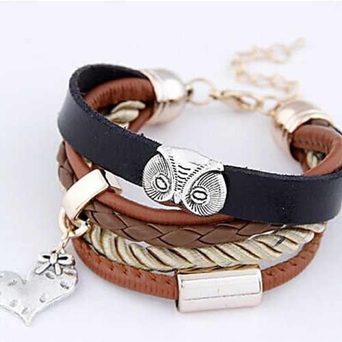 Fashion Leather Brown Black Owl  Wrap Bracelet(1 Pc)