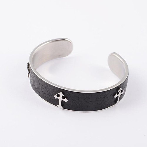 Fashion Men's Cross Shape Stainless Steel and Leather Inlaid Cuff Bracelets