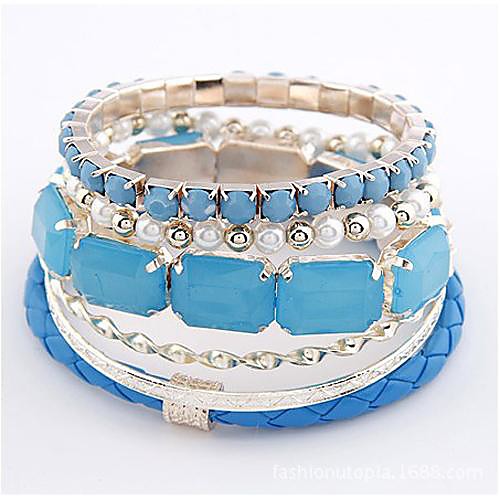 European Style Multilayers Braided Rope Gem Stones Bracelets (Beige / Blue)