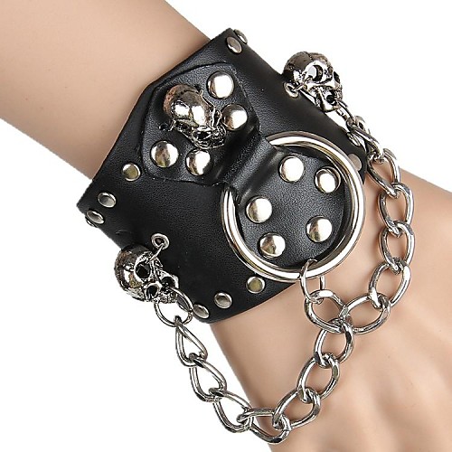 Exaggerated Punk Skull Rivet Wide Leather Wristband Leather Bracelet Leather Hanging Loop (Black)