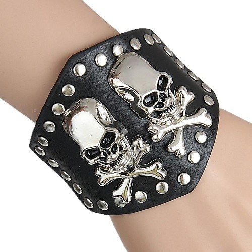 European And American Retro Skull Wide Leather Bracelet (Black)