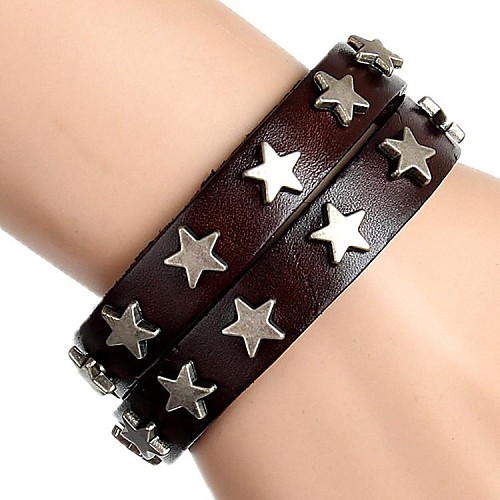 Men's Leather Wrapped Twice Stars Retro Bracelet (Multicolor)