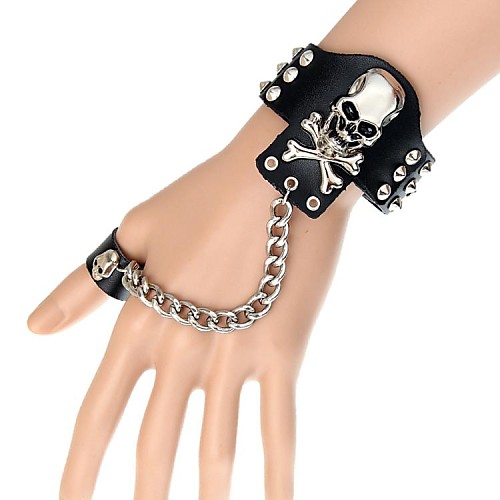 European And American Punk Rock Hip-Hop Performers Scalp Skull Ring Leather Bracelet (Multicolor)