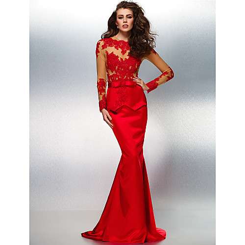Mermaid / Trumpet Jewel Neck Sweep / Brush Train Lace / Stretch Satin Dress with Appliques / Bow(s) by TS Couture
Mermaid / Trumpet Jewel Neck Sweep / Brush Train Lace / Stretch Satin Dress with Appliques / Bow(s) by TS Couture