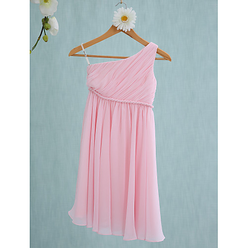 Sheath / Column One Shoulder Tea Length Chiffon Junior Bridesmaid Dress with Sash / Ribbon / Side Draping by LAN TING BRIDE / Natural
Sheath / Column One Shoulder Tea Length Chiffon Junior Bridesmaid Dress with Sash / Ribbon / Side Draping by LAN TING BRIDE / Natural