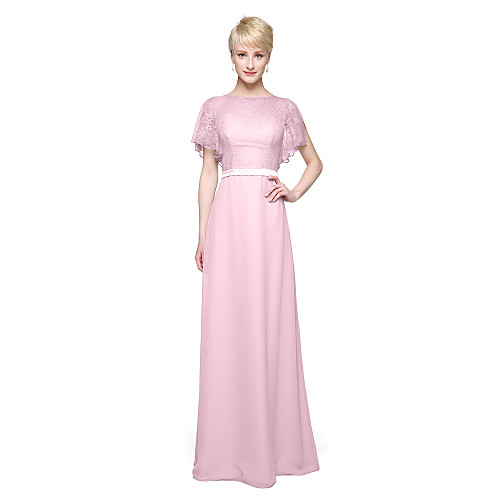 Sheath / Column Jewel Neck Floor Length Chiffon / Sheer Lace Bridesmaid Dress with Lace / Sash / Ribbon / Pleats by LAN TING BRIDE
Sheath / Column Jewel Neck Floor Length Chiffon / Sheer Lace Bridesmaid Dress with Lace / Sash / Ribbon / Pleats by LAN TING BRIDE